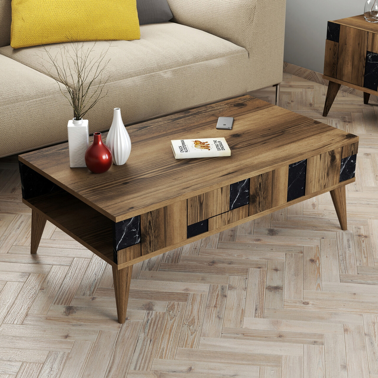 Masuta de cafea, Hanah Home, Madrid, 105x37.6x60 cm, Nuc / Negru - imagine 6
